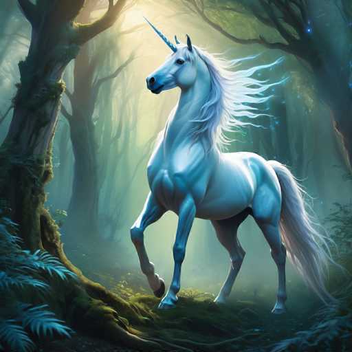 The image depicts a majestic white unicorn standing on its hind legs and facing the camera with an air of regality. The unicorn is surrounded by a forest filled with trees and plants, creating a sense of depth and mystery. The background features a blend of green foliage and blue sky, adding to the overall ambiance of the scene.