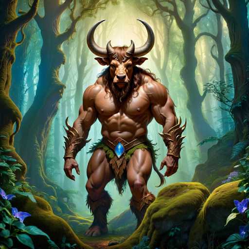 The image depicts a muscular man with long hair and horns standing on a rock surrounded by trees and bushes. The man is wearing a crown of jewels and a robe made from leaves and flowers.