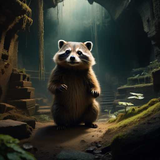 The image depicts a raccoon standing on its hind legs with its front paws resting on the ground and its head tilted upwards as it looks directly at the camera. The raccoon is surrounded by an environment that includes rocks, plants, and a cave-like structure in the background.