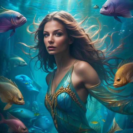 A woman with long brown hair is standing underwater surrounded by a variety of colorful fish including goldfish and blue fish. The background is dark blue, providing a stark contrast to the vibrant colors of the fish.