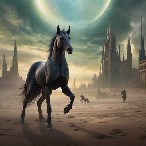 The image depicts a black horse with white spots galloping across a desert landscape under a full moon. In the background, there is an old castle surrounded by mountains and other buildings. The sky above is filled with clouds, creating a dramatic backdrop for the scene.