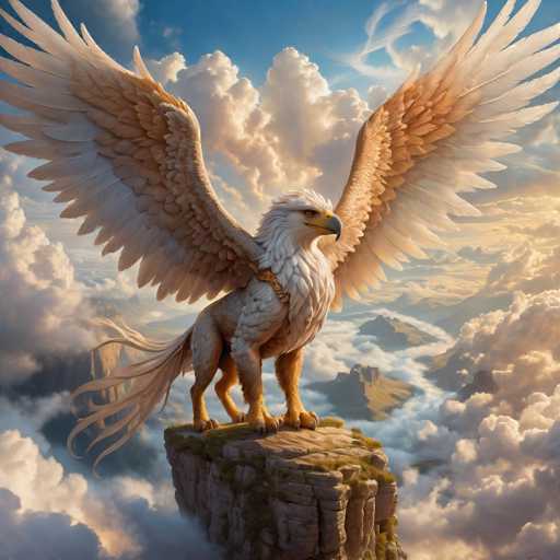 The image depicts a majestic eagle perched on a rock formation. The eagle has its wings spread wide and is facing towards the right side of the frame. The background features a sky filled with clouds and mountains in the distance.