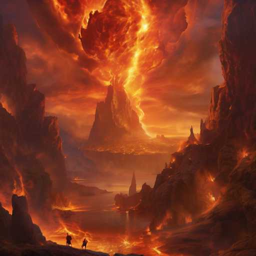 A fiery, desolate landscape dominates the image. Two figures, silhouetted against the intense orange and red hues of a volcanic eruption, stand on a rocky outcrop. A colossal, erupting mountain looms in the background, with lava cascading down and a swirling, fiery sky. The art style is dramatic and fantastical, emphasizing a sense of intense heat and destruction.