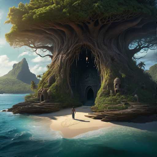 A colossal, ancient tree dominates a serene beach scene. Its massive roots form a natural archway leading into a dark, mysterious opening. A lone figure walks along the sandy shore towards this entrance. Lush greenery clings to the tree's surface, and gentle waves lap at the shore. The overall style is fantastical and dreamlike, with a focus on natural textures and soft lighting.