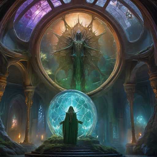 A mystical, ethereal scene unfolds within a grand, ancient chamber. A cloaked figure stands before a glowing, translucent orb, its form partially obscured by swirling energy. Above, a larger, ornate sphere dominates the space, featuring a spectral figure with outstretched arms and glowing energy emanating from it. The overall style is fantastical and dreamlike, employing soft lighting and a muted color palette to create an atmosphere of mystery and otherworldly power.