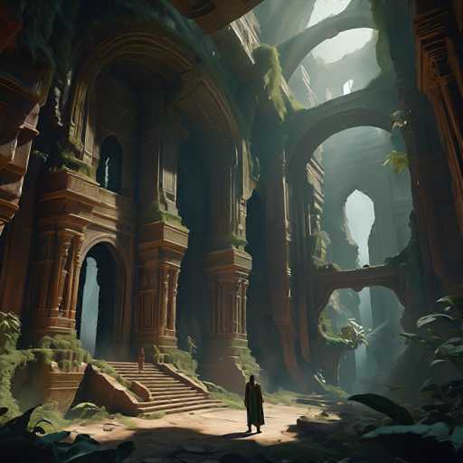 A grand, ancient temple complex dominates the scene. Moss-covered stone structures with intricate carvings rise in a vast, overgrown space. A lone figure stands at the base of a grand staircase, dwarfed by the scale of the ruins. Soft light filters through openings, creating a mystical atmosphere. The art style is highly detailed and atmospheric, evoking a sense of mystery and forgotten history.