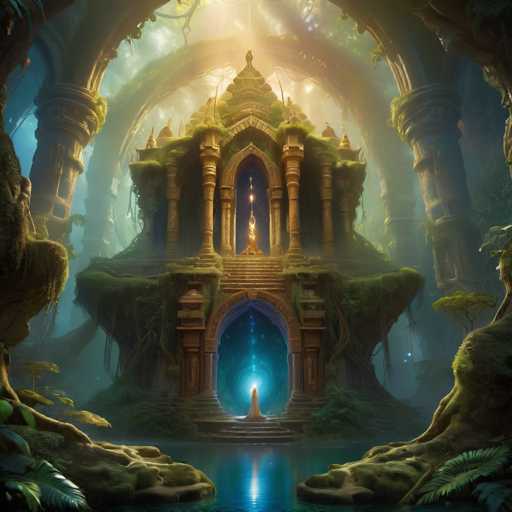 A mystical, ethereal scene unfolds in a lush, overgrown temple. A serene, glowing figure stands at the center of an archway, bathed in a radiant light emanating from within. The temple is nestled amidst vibrant, moss-covered architecture and fantastical foliage, with a tranquil pool reflecting the scene. The art style is dreamlike and fantastical, emphasizing soft lighting and an otherworldly atmosphere.