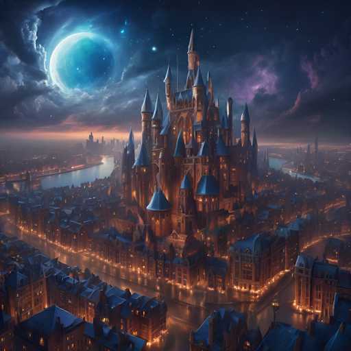 A breathtaking, fantastical cityscape unfolds under a dramatic, glowing moon. A colossal, ornate castle dominates the center, its spires piercing a twilight sky filled with swirling clouds and distant city lights. The scene is rendered in a detailed, painterly style, emphasizing warm, glowing light against deep shadows.