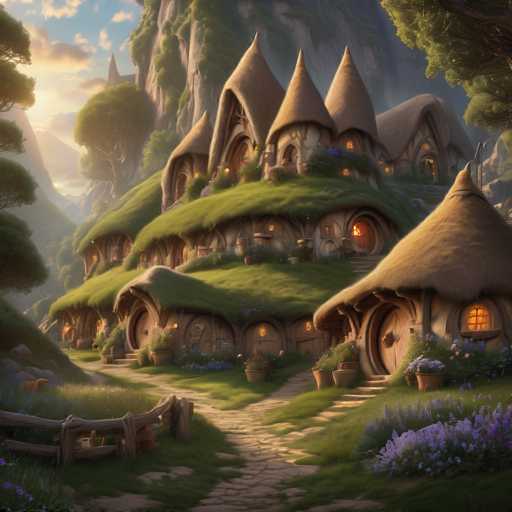 A charming, whimsical village of cozy hobbit-style houses nestled into a lush, green hillside. The main subjects are several rounded dwellings with thatched roofs and glowing windows, arranged in a tiered, organic layout. The spatial relationship shows the houses clustered together, with a winding stone path leading between them. The art style is painterly and fantastical, emphasizing soft lighting and a dreamlike atmosphere with vibrant, slightly stylized details.