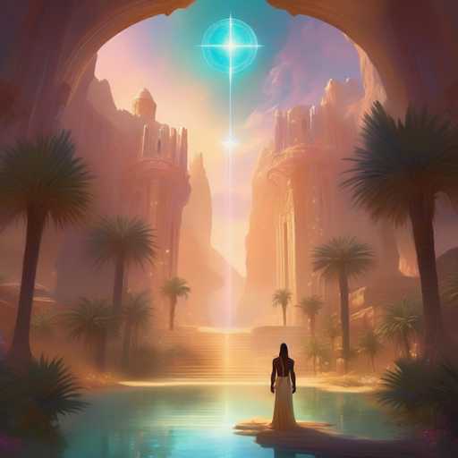 A lone figure in a flowing white robe stands at the edge of a tranquil pool, gazing towards an ancient, sun-drenched temple complex in a desert oasis. Palm trees frame the scene, and a radiant, glowing orb hangs in the sky, casting a warm, ethereal light. The art style is fantastical and dreamlike, with soft gradients and a focus on atmospheric perspective, evoking a sense of serene mystery.