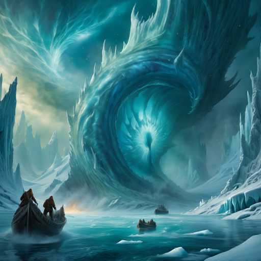 A breathtaking, fantastical scene unfolds in a frozen, icy world. A small boat carrying two figures navigates towards a colossal, swirling ice structure dominating the landscape. The icy structure's intricate, spiraling forms are illuminated by a glowing core, contrasting with the muted, ethereal sky. Smaller boats drift in the distance, emphasizing the scale of the main ice formation. The art style is painterly and dreamlike, with a focus on dramatic lighting and atmospheric perspective.