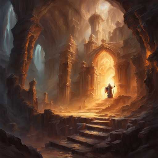 A lone figure in a dark cloak stands at the entrance of an ancient, glowing stone structure within a vast, dimly lit cavern. The scene is bathed in warm, ethereal light emanating from the structure, contrasting with the cool shadows within the cavern. The architecture is grand and fantastical, with towering pillars and archways receding into the distance. The overall style is painterly and atmospheric, evoking a sense of mystery and ancient power.