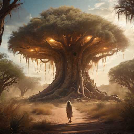 A lone figure walks towards a colossal, ancient tree in a mystical, sun-drenched landscape. The tree's massive roots spread across the ground, and its branches reach towards a hazy sky. The art style is fantastical, with soft lighting and an ethereal atmosphere, emphasizing the scale and otherworldly nature of the scene.