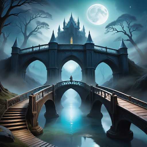 A mystical, ethereal scene unfolds with a grand, dark blue castle perched atop a misty hill. Two arched bridges, one in the foreground and another leading to the castle, span a tranquil, glowing blue water. A lone figure stands on the foreground bridge, gazing towards the castle under a full moon. The art style is fantastical and dreamlike, with soft lighting and atmospheric perspective, creating a sense of mystery and enchantment.