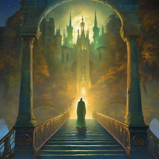 A lone figure in a green robe ascends a grand, ornate staircase leading towards a majestic, glowing castle bathed in moonlight. The scene is rendered in a fantastical, painterly style with soft lighting and an ethereal atmosphere, emphasizing depth and mystery.