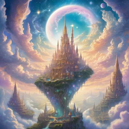 The image depicts a fantastical, ethereal scene of floating, ornate castles nestled amidst swirling clouds and bathed in a soft, glowing light. The central focus is a grand, multi-tiered castle with intricate spires and detailed architecture, perched on a verdant island floating in the sky. Smaller castles dot the landscape, creating a sense of scale and wonder. A large, luminous moon dominates the upper portion of the image, casting a gentle glow on the scene. The overall art style is dreamy and imaginative, with soft gradients of purple, blue, and gold creating a magical atmosphere.