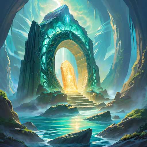 A majestic, glowing portal dominates a serene, fantastical landscape. Lush, moss-covered rocks frame the shimmering turquoise water, with a colossal, intricately carved archway emitting brilliant golden light. The scene is bathed in soft, ethereal light, suggesting a mystical and otherworldly realm. The art style leans towards digital painting with a focus on vibrant colors and atmospheric depth, evoking a sense of wonder and magic.
