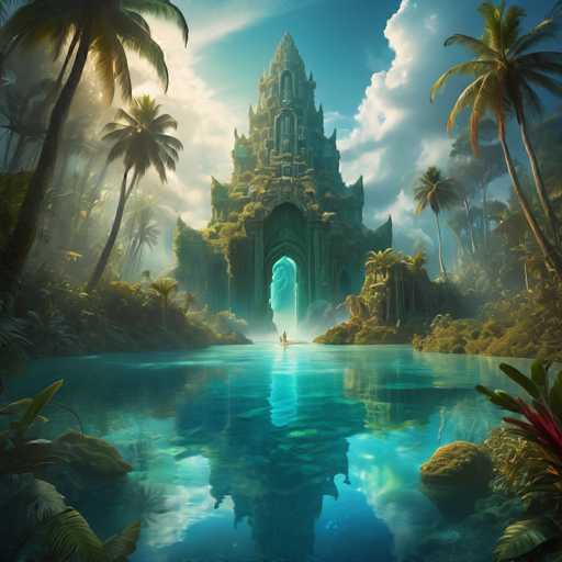 A fantastical, vibrant scene unfolds: a majestic, moss-covered castle rises from a tranquil, turquoise lagoon in a lush, tropical setting. Palm trees frame the view, their fronds partially obscuring the background. A small boat glides towards a glowing archway within the castle, reflecting in the still water. The art style is painterly and dreamlike, emphasizing soft lighting and a sense of serene fantasy.