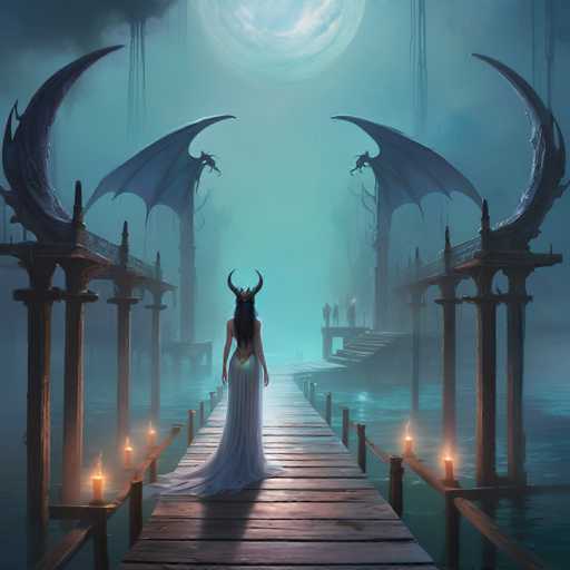 A lone, ethereal figure in a flowing white gown stands on a wooden pier extending into a misty, teal-colored body of water. She wears a dark, ornate headdress with curved horns and gazes towards a large, glowing full moon. Two shadowy, bat-winged structures flank the pier on either side, hinting at a fantastical, possibly underwater or otherworldly setting. The art style is digital painting with a soft, atmospheric quality, emphasizing depth and a sense of mystery.