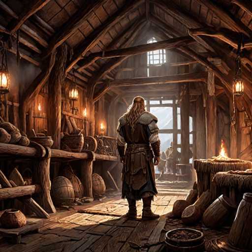 A dimly lit, rustic interior depicts a Viking-style storage room. Wooden beams and shelves overflow with barrels, sacks, and tools, illuminated by warm lanterns casting dancing shadows. A lone figure stands in the center, gazing towards a distant doorway with a glimpse of a snowy landscape. The overall style is painterly and atmospheric, evoking a sense of history and craftsmanship.