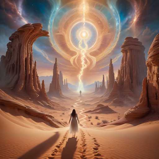 A lone figure in a flowing white gown walks down a sandy path in a vast, otherworldly desert. Towering, orange rock formations frame the scene, with a radiant, glowing portal-like structure dominating the sky. The artwork features a surreal, dreamlike style with soft lighting and an emphasis on atmospheric perspective, creating a sense of vastness and mystery.