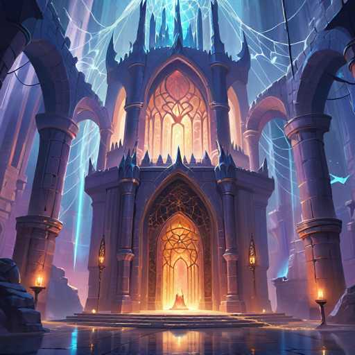 A grand, ornate, gothic-style structure dominates the image. A towering, castle-like building with intricate arches and glowing windows stands at the center, bathed in warm light emanating from within. The structure is surrounded by a dimly lit, ethereal environment with glowing blue energy and crystalline formations. The overall art style is digital painting, emphasizing a fantastical, slightly mystical atmosphere with a focus on dramatic lighting and detailed textures.