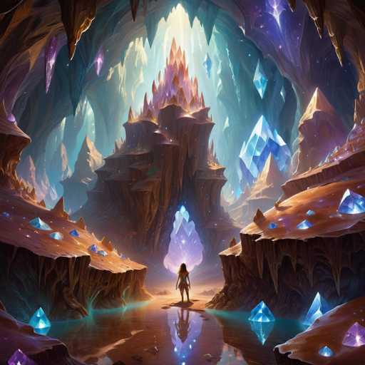 A lone figure stands in a vast, glowing cavern filled with crystalline formations. The scene is bathed in soft, ethereal light emanating from the crystals and a distant opening. The cavern's walls are textured with warm, earthy tones contrasting with the cool blues and purples of the crystals. The overall style is fantastical and dreamlike, emphasizing a sense of wonder and scale.