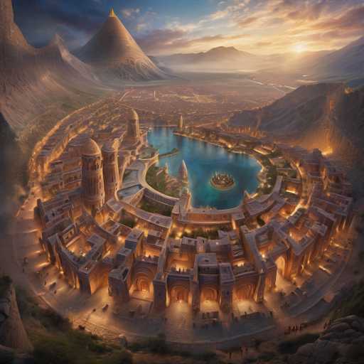 The image depicts a breathtaking, ancient city nestled within a vast desert landscape. The main focus is on the intricately designed city center, featuring towering sandstone structures with glowing warm lights illuminating its courtyards and pathways. A large, serene lake forms the heart of the city, surrounded by grand architecture. The spatial relationship shows a circular layout with mountains rising dramatically in the background, creating a sense of scale and isolation. The art style is highly detailed and fantastical, evoking a warm, slightly mystical atmosphere with soft lighting and a focus on architectural grandeur.