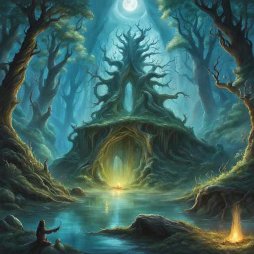 A mystical, ethereal forest scene unfolds under a full moon. A woman sits peacefully on a mossy bank, playing a harp, while a glowing light emanates from an ancient, tree-like structure in the distance. The scene is rendered in a painterly style with soft lighting and a focus on atmospheric depth, creating a tranquil and magical ambiance.