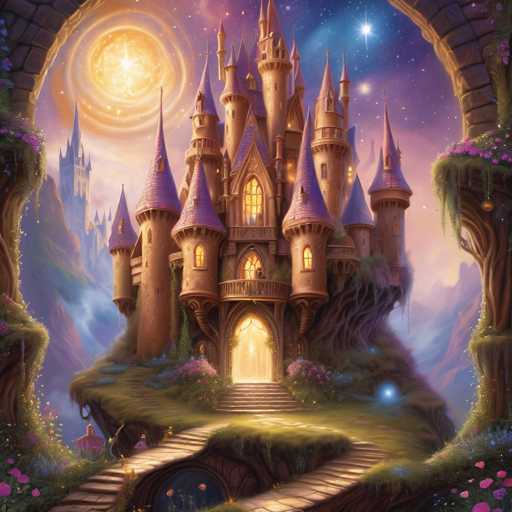 A fantastical, fairytale-style castle perches atop a mossy, cloud-kissed hill. The main structure is a multi-towered castle with glowing windows and purple spires, bathed in a warm, golden light from a radiant celestial orb. A winding path leads to the castle's grand entrance, framed by glowing archways adorned with vibrant flowers. The overall style is dreamy and whimsical, emphasizing soft lighting and a magical atmosphere.