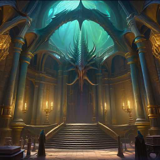 A grand, dimly lit hall with towering, ornate pillars and a colossal, fantastical dragon sculpture dominates the scene. Two figures in dark robes stand at the base of a wide staircase leading to an elevated platform, bathed in warm light from floating lanterns. The art style is highly detailed and painterly, with a focus on dramatic lighting and intricate architectural design.