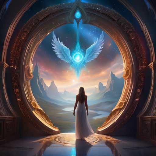 A woman in a flowing white gown stands before an ornate, arched portal. Within the portal, a radiant, glowing blue figure with large, ethereal wings hovers above a landscape of mountains and a serene body of water. The scene is bathed in a soft, otherworldly light, with the woman gazing towards the luminous figure. The art style is fantastical and dreamlike, emphasizing a sense of wonder and otherworldliness.