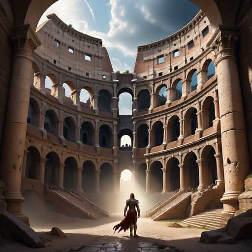 A lone, armored figure stands in the vast, ancient ruins of the Colosseum. The colossal amphitheater's weathered stone arches and crumbling walls frame a dramatic, sunlit scene with dust motes dancing in the light. The figure is positioned centrally, dwarfed by the scale of the structure, emphasizing a sense of solitude and timelessness. The art style is realistic, with a focus on texture and atmospheric perspective, evoking a sense of historical grandeur.