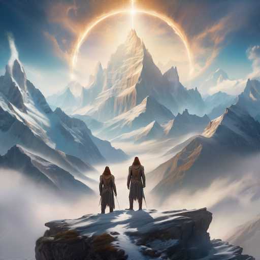 The image depicts two figures in hooded, armored attire standing on a snow-covered rock at the peak of a mountain. They gaze towards a majestic, snow-capped mountain in the distance, bathed in a radiant golden light emanating from a glowing halo above it. The scene is set amidst a vast, misty mountain landscape under a partly cloudy sky. The art style is fantastical and atmospheric, with a focus on dramatic lighting and a sense of awe-inspiring scale.