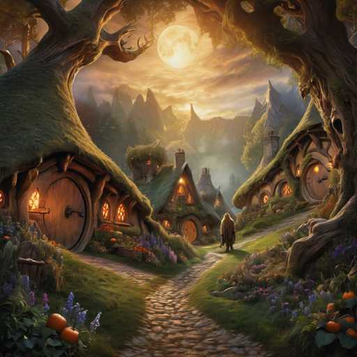 A whimsical, fairytale-like scene unfolds in a cozy hobbit village nestled amidst rolling hills and towering mountains. The main subjects are charming, round hobbit dwellings with thatched roofs, warmly lit from within. A cobblestone path winds through the village, leading to a large, glowing full moon in the sky. The overall style is painterly and fantastical, with soft lighting and a focus on creating a peaceful, idyllic atmosphere.
