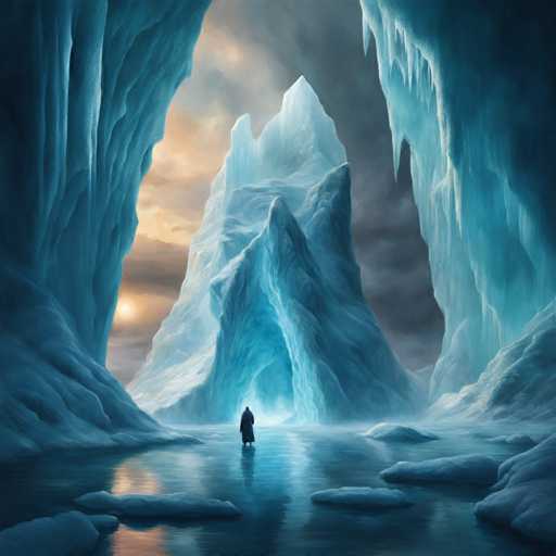 A lone, cloaked figure stands in a serene, icy cavern. Towering ice formations glow with an ethereal blue light, reflecting on the calm water below. The scene is bathed in a soft, warm glow from a distant sun peeking through the icy peaks. The art style is fantastical and dreamlike, emphasizing a sense of quiet solitude and otherworldly beauty.