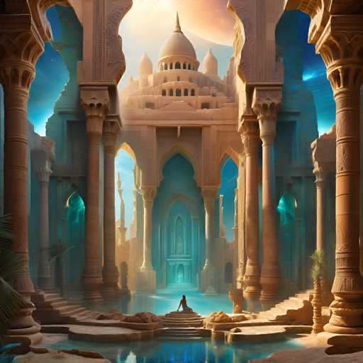 A serene, fantastical palace scene unfolds with towering, intricately carved sandstone architecture bathed in a soft, ethereal light. A lone figure sits peacefully on steps within a tranquil pool, gazing towards a distant, glowing structure. The spatial relationship emphasizes depth with receding arches and columns, creating an otherworldly atmosphere. The art style is a blend of fantasy illustration and architectural rendering, evoking a sense of ancient grandeur and dreamlike beauty.