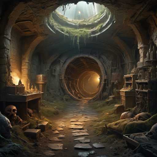 A dimly lit, ancient tunnel with a circular, glowing portal at the end dominates this image. Skeletal remains and weathered artifacts litter the stone path, illuminated by a warm light emanating from a small brazier. The overall style is fantastical and atmospheric, evoking a sense of mystery and decay within an otherworldly space.