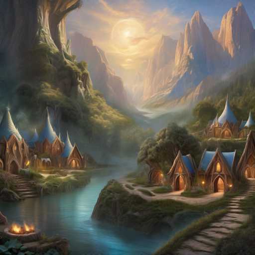 A serene, fantastical village nestled in a valley. Cozy, peaked-roof houses with warm lights dot the landscape alongside a tranquil river. Towering, softly glowing mountains frame the scene under a warm, ethereal sky. The art style is painterly and dreamlike, emphasizing soft lighting and atmospheric perspective.