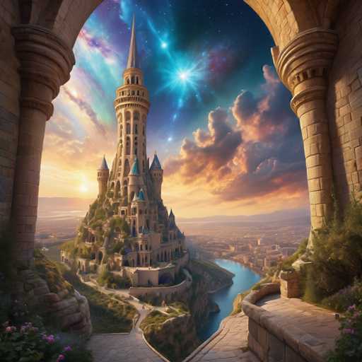 A fantastical, fairytale-like cityscape dominates the view. A towering, multi-tiered castle with whimsical spires and vibrant pastel colors sits atop a verdant, cliffside. A winding river snakes through the city below, reflecting the warm sunset sky with streaks of orange and purple. The scene is framed by ornate stone arches, suggesting a grand, ancient setting. The art style is highly detailed and painterly, with a focus on soft lighting and a dreamlike atmosphere.