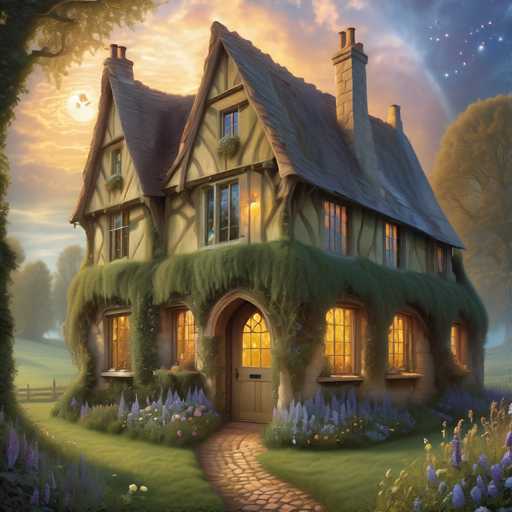 A charming, storybook-style house with a whimsical, ivy-covered facade sits nestled in a lush, twilight garden. The warm glow from the windows contrasts with the soft, dusky sky and surrounding landscape, creating a peaceful, magical atmosphere. The house's fairytale architecture is the focal point, with its arched doorway and glowing windows drawing the viewer into a tranquil scene.
