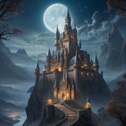 A majestic, fairytale-style castle perches atop a craggy mountain under a full moon. The castle's intricate architecture, with glowing windows and turrets, is nestled amidst a misty landscape. A winding stone path leads up to the castle's grand entrance, bathed in warm light. The overall style is fantastical and atmospheric, evoking a sense of mystery and enchantment.