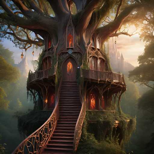 A whimsical, fairytale-style treehouse perches high in a lush, misty forest. The main structure is an intricately built dwelling nestled within a massive, ancient tree, featuring winding wooden staircases and glowing stained-glass windows. The scene is bathed in a soft, warm light, with the tree's roots partially visible and draped in moss. The overall art style is fantastical and dreamlike, emphasizing a sense of enchantment and old-world charm.