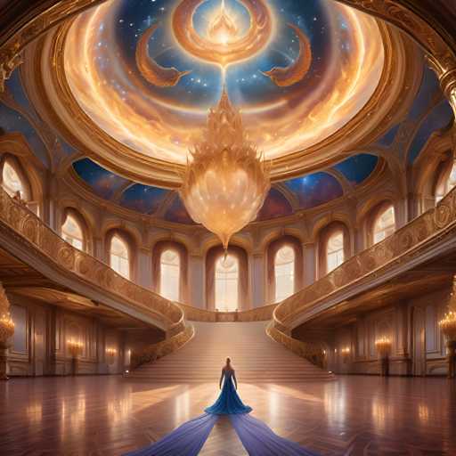 A grand, opulent hall with a sweeping staircase dominates the scene. A lone figure in a flowing blue gown stands at the bottom, gazing upwards towards a colossal, golden, celestial-like structure suspended from the ceiling. The hall's architecture is ornate, with gilded details and arched windows, bathed in warm, ethereal light. The overall style is fantastical and dreamlike, emphasizing a sense of awe and grandeur.