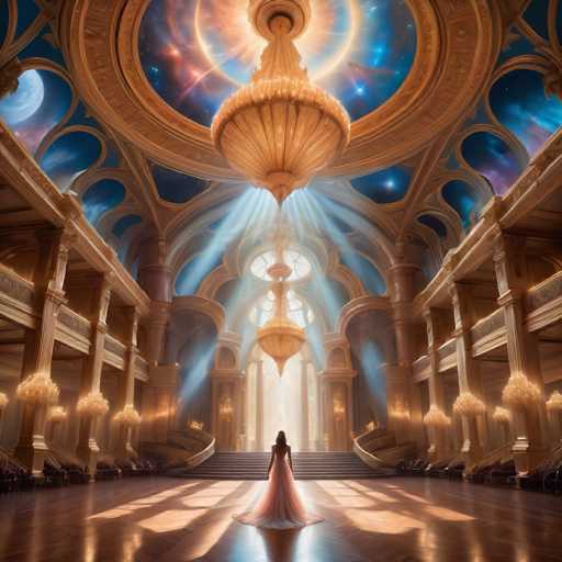 A woman in a flowing pink gown stands at the center of a grand, ornate hall bathed in warm light. The space is filled with towering golden chandeliers and intricate architectural details, reflecting on a polished wooden floor. A celestial ceiling with swirling stars and a glowing moon hangs above, casting ethereal light down the hall. The overall style is fantastical and dreamlike, with a focus on dramatic lighting and opulent design.