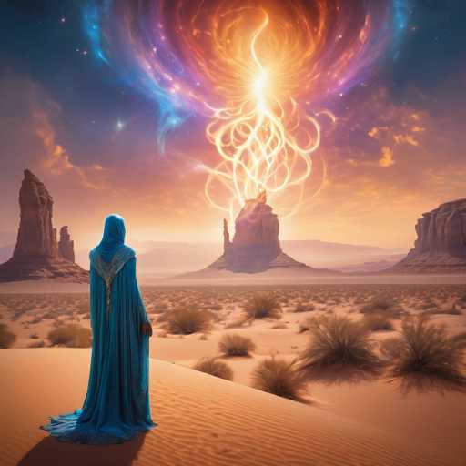 A lone figure in a flowing blue robe stands on a vast, sandy desert, gazing at a radiant, swirling energy source in the sky. Towering rock formations dot the landscape under a dramatic, colorful sky with celestial bodies. The art style is fantastical and ethereal, emphasizing a sense of awe and mystery.