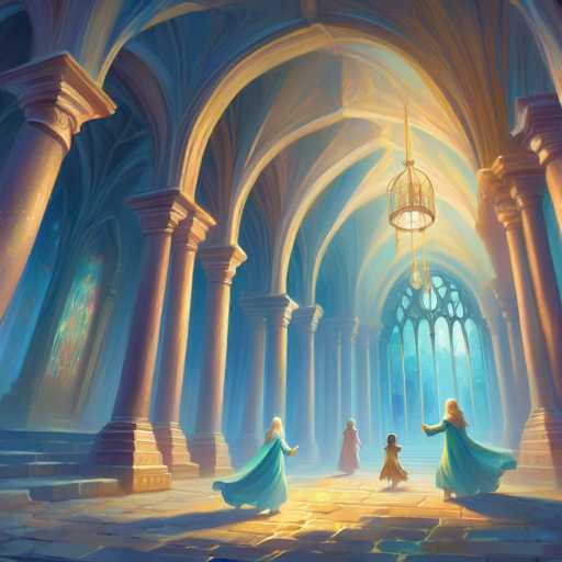A grand, ethereal hall bathed in soft, warm light dominates the scene. Four figures in flowing teal gowns gracefully walk on a polished stone floor, their forms partially obscured by the glowing light. Imposing, ornate columns support high, arched ceilings, creating a sense of vastness and mystery. The art style is painterly and dreamlike, emphasizing soft gradients and a focus on light and shadow.
