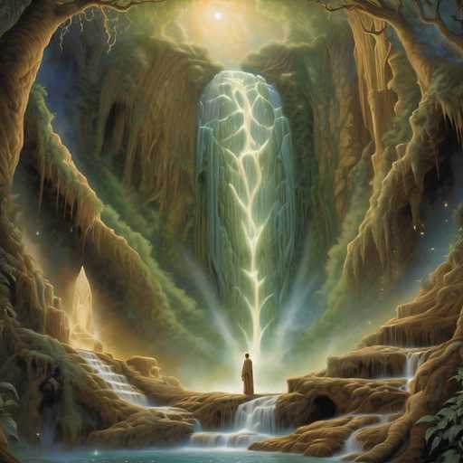 A lone figure stands in awe before a colossal, glowing waterfall cascading down a moss-covered cliff face. The scene is bathed in soft, ethereal light, with the waterfall's energy radiating a warm glow. Lush vegetation frames the scene, creating a mystical and serene atmosphere. The art style is fantastical and dreamlike, emphasizing a sense of wonder and tranquility.