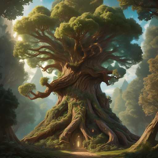 A colossal, ancient tree dominates the scene, its massive roots sprawling across a lush forest floor. Sunlight filters through the canopy, illuminating a glowing archway nestled within the tree's base. The overall style is fantastical and painterly, with soft lighting and a focus on atmospheric depth.