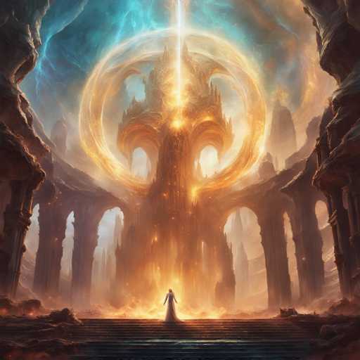 A lone figure stands at the base of a colossal, ancient, glowing golden structure in a fantastical, otherworldly setting. The scene is bathed in warm light emanating from the central structure and a swirling, ethereal blue energy above. The art style is highly detailed and painterly, with a focus on dramatic lighting and atmospheric perspective, evoking a sense of awe and mystery.